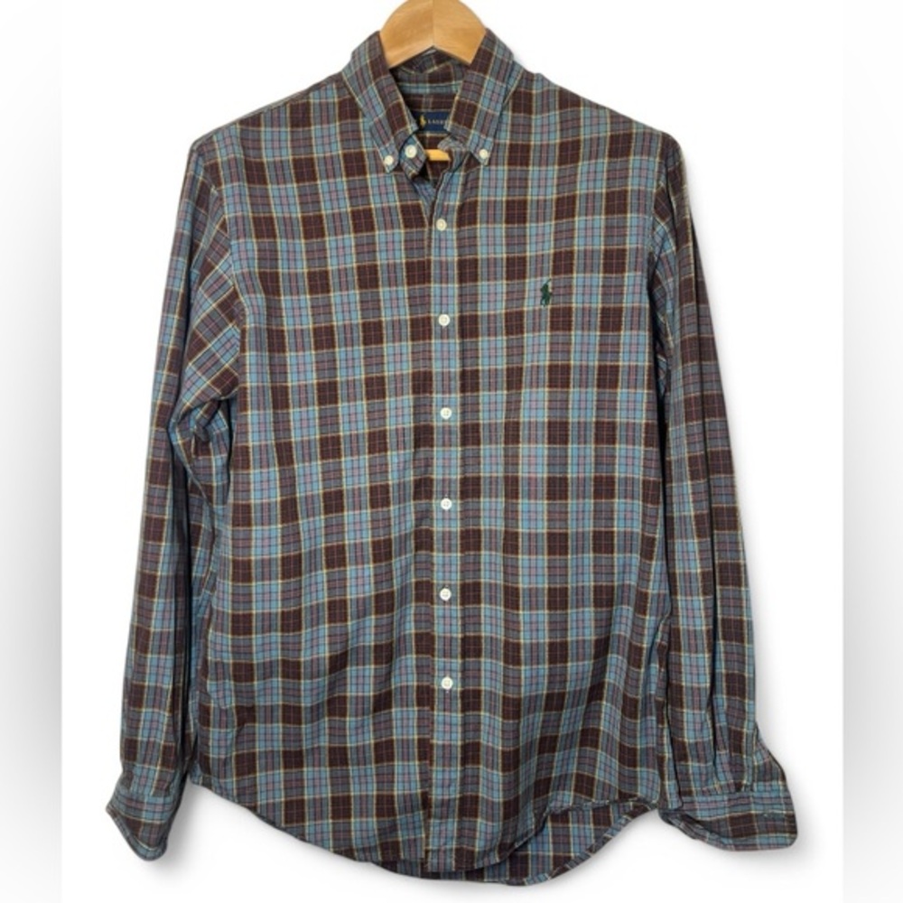 Vintage Ralph Lauren Casual Blue and Brown Plaid Button Down Shirt Green Polo M‎